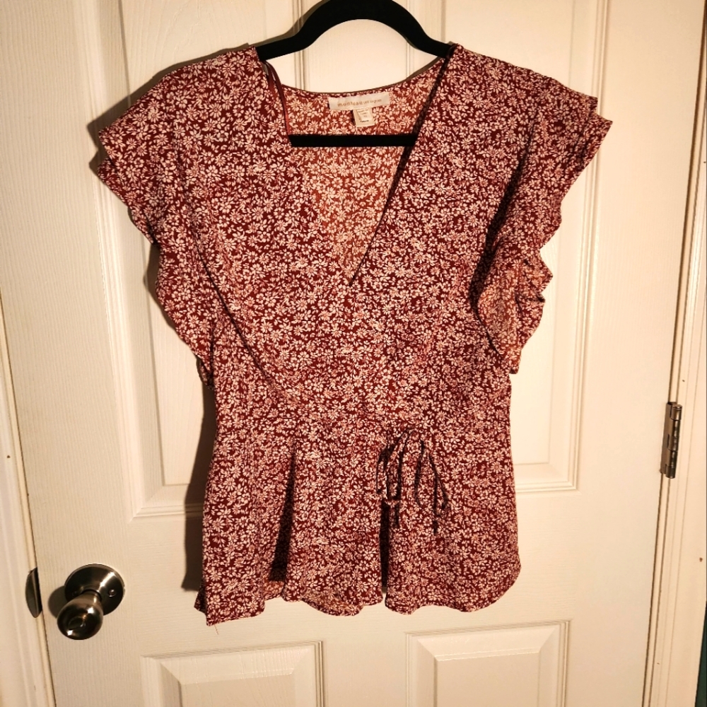 Monteau Red Flower Print Blouse, XL